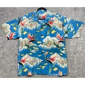 Vintage Avanti Silk Hawaiian Shirt Blue Large Loop Collar